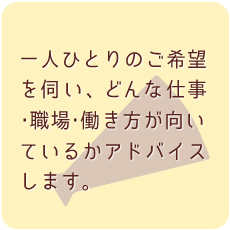 一人ひとりのご希望を伺い、どんな仕事 ・職場・働き方が向いているかアドバイスします。